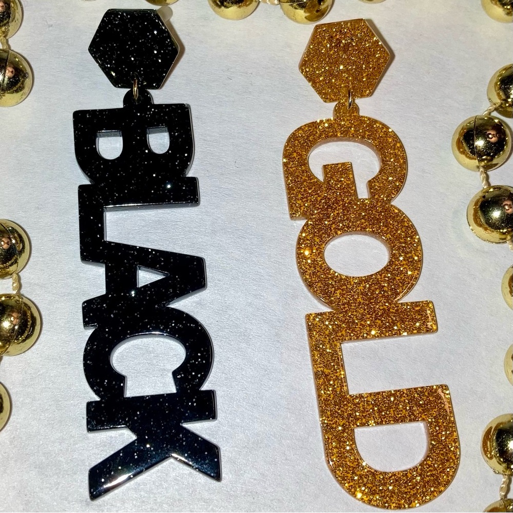 Black Gold Sparkles New Orleans Game Day Party Stud Dangling Statement Earrings